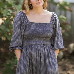 Neuflora Hartselle Dress Dusty Blue Smocked Midi Dress Cottage Trad Nursing Med